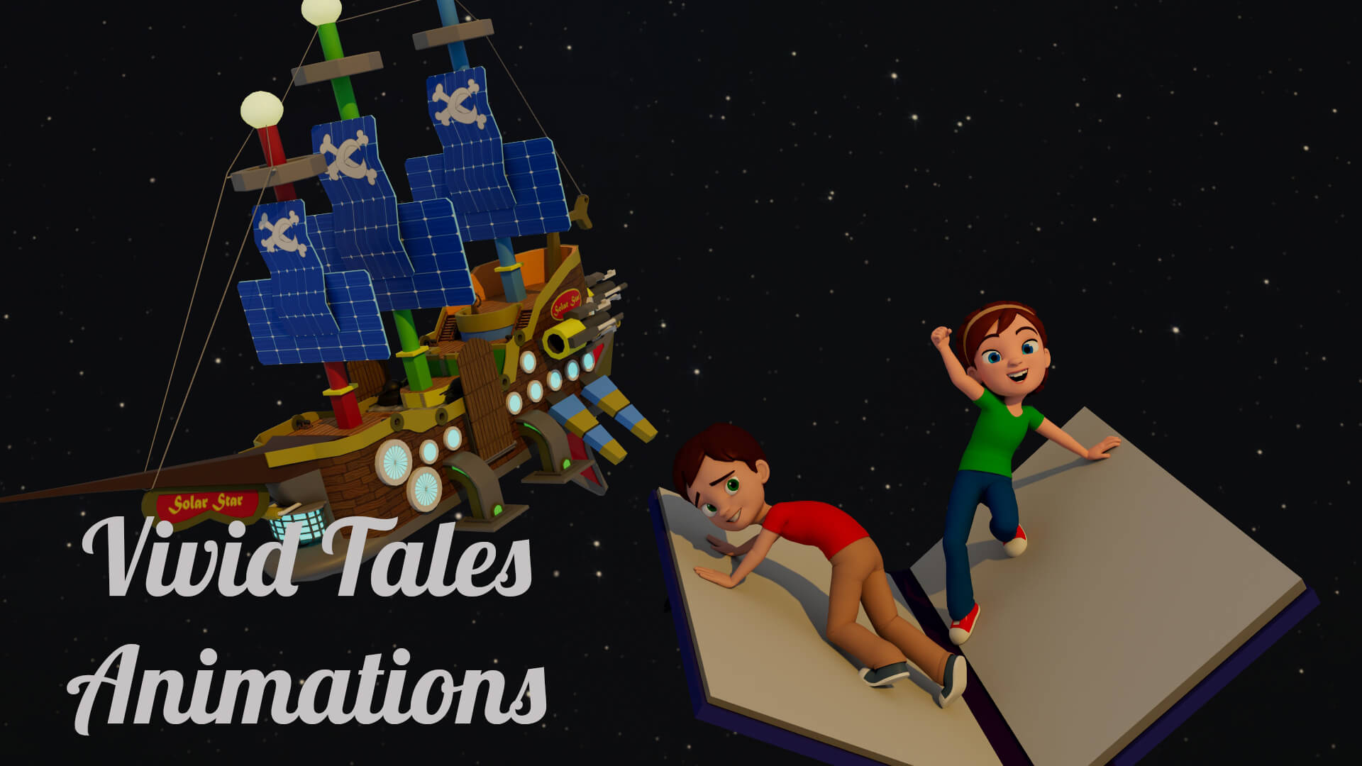 Animated kids on a floating book in space with a pirate ship. Text reads "Vivid Tales Animations."