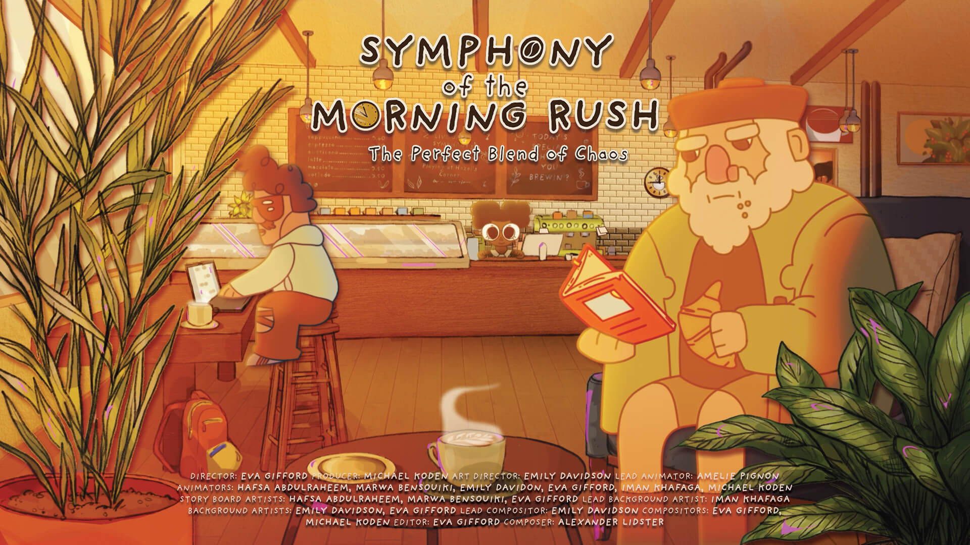 Illustrated coffee shop scene with patrons reading and using a laptop. A sign reads, "Symphony of the Morning Rush: The Perfect Blend of Chaos."