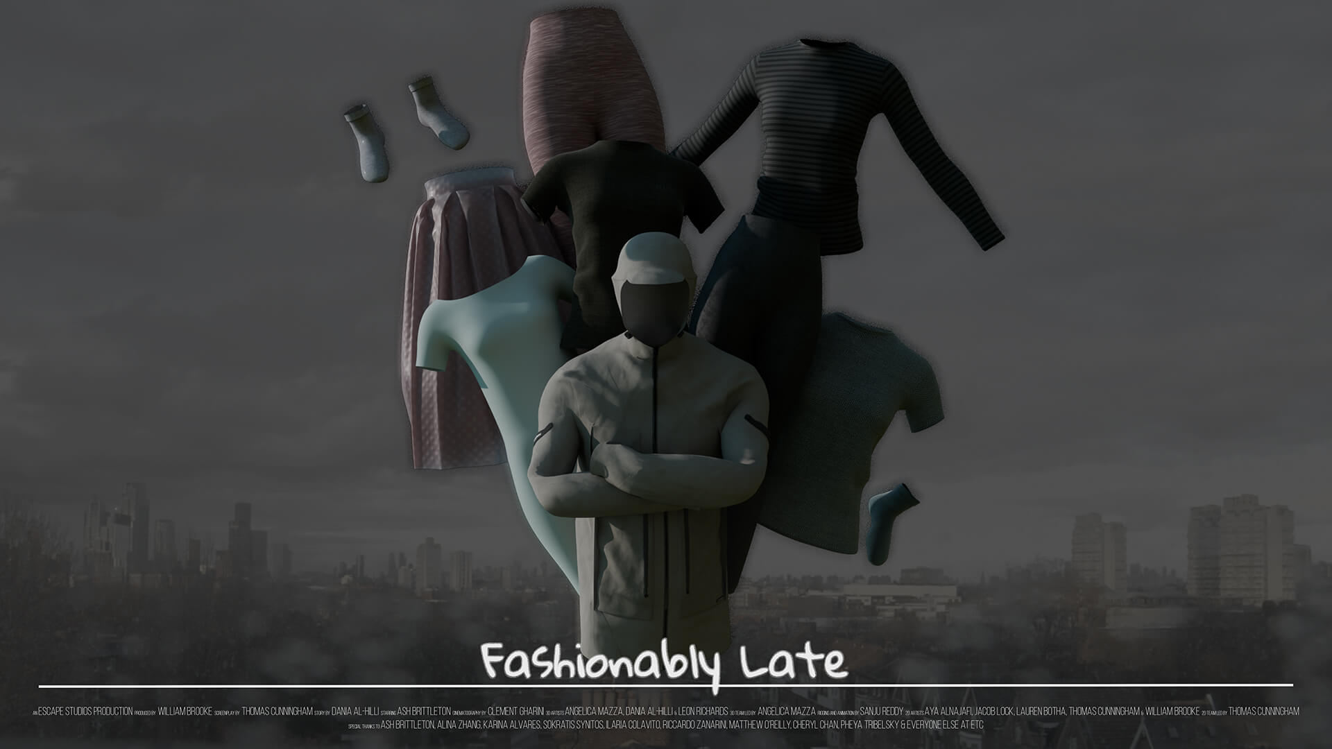 Monochrome figure with various clothing items floating above, set against a dark city skyline. Text reads "Fashionably Late."