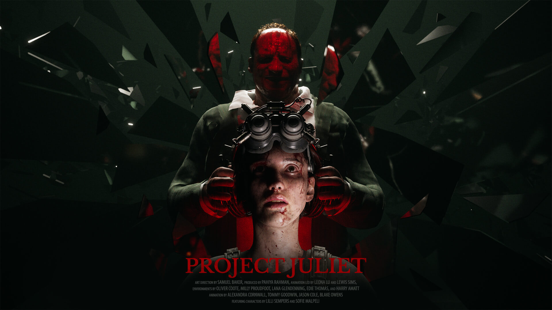 Dark thriller poster for "Project Juliet," featuring a person wearing goggles, with a menacing figure and shattered glass background.