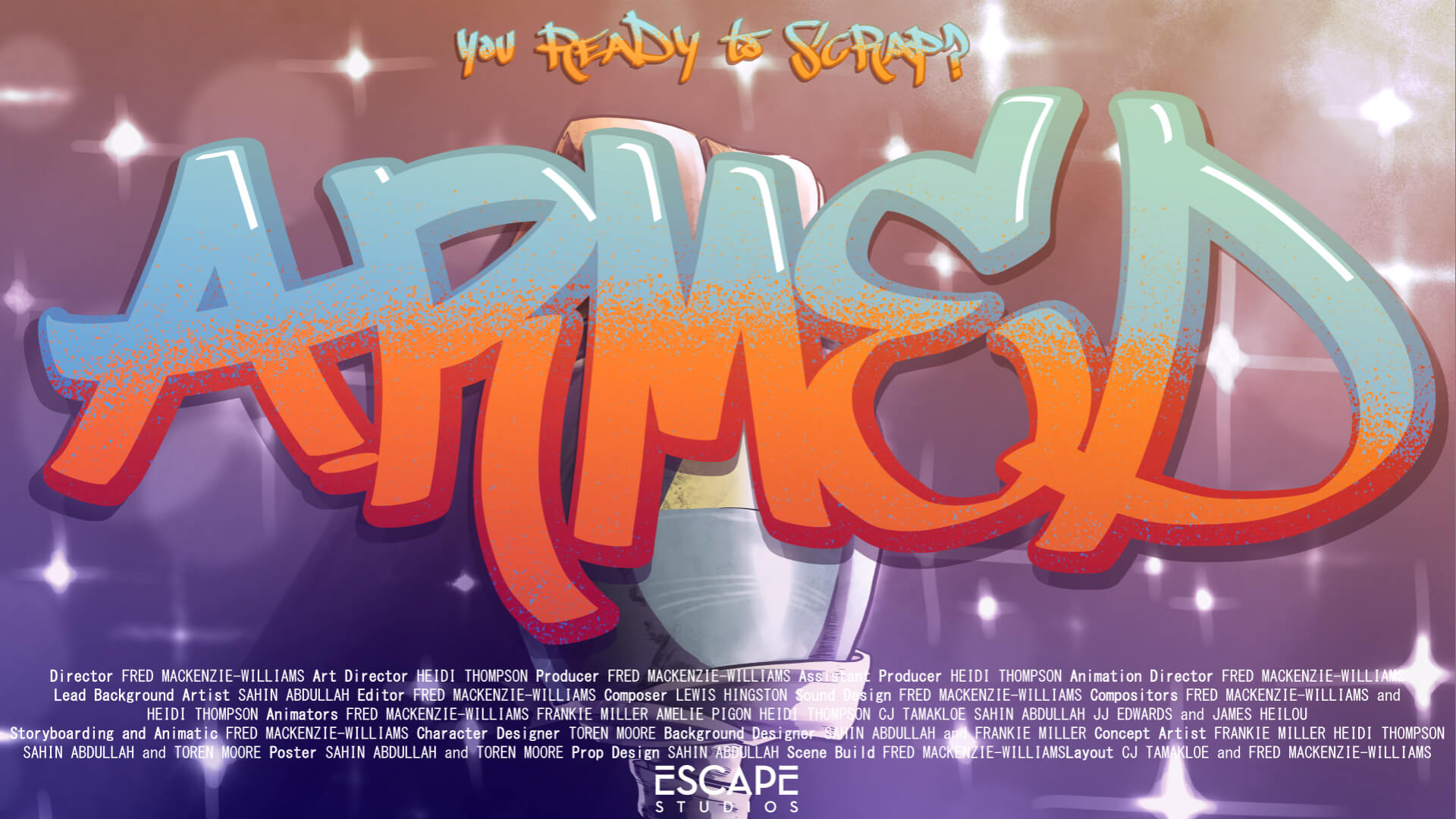 Graffiti-style text "ARMED" in blue and orange, with a robotic hand behind. Background text lists names and roles, with "Escape Studios" at the bottom.