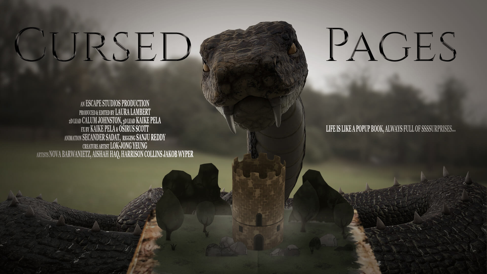 A large serpent with fangs emerges from a pop-up book featuring a castle and trees, with the text "Cursed Pages".