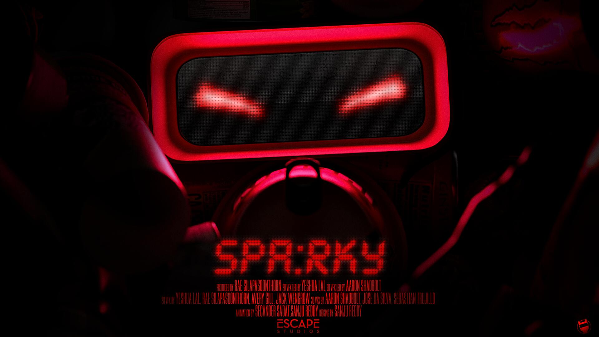 A red-lit device with glowing, triangular eyes sits among clutter. The word "Sparky" appears in illuminated text below.