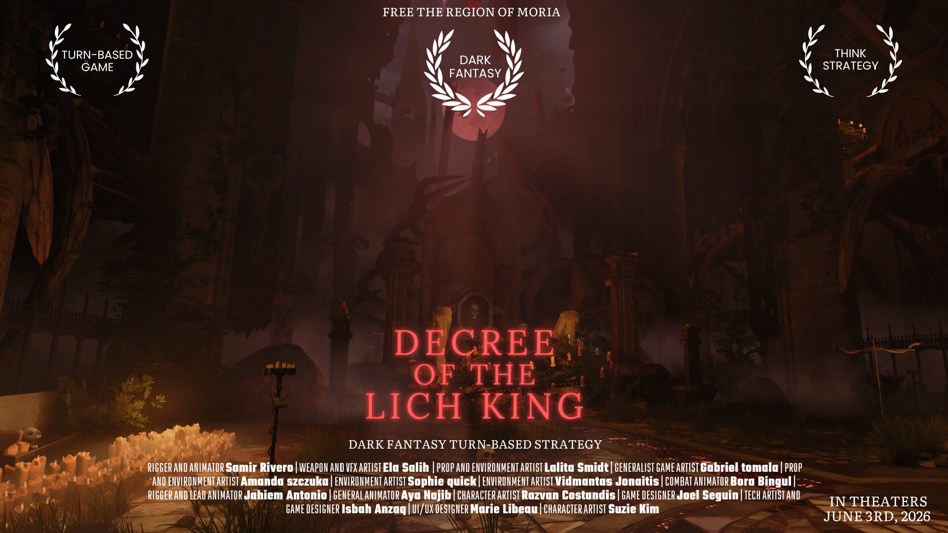 Poster for "Decree of the Lich King," a dark fantasy turn-based strategy featuring gothic scenery.