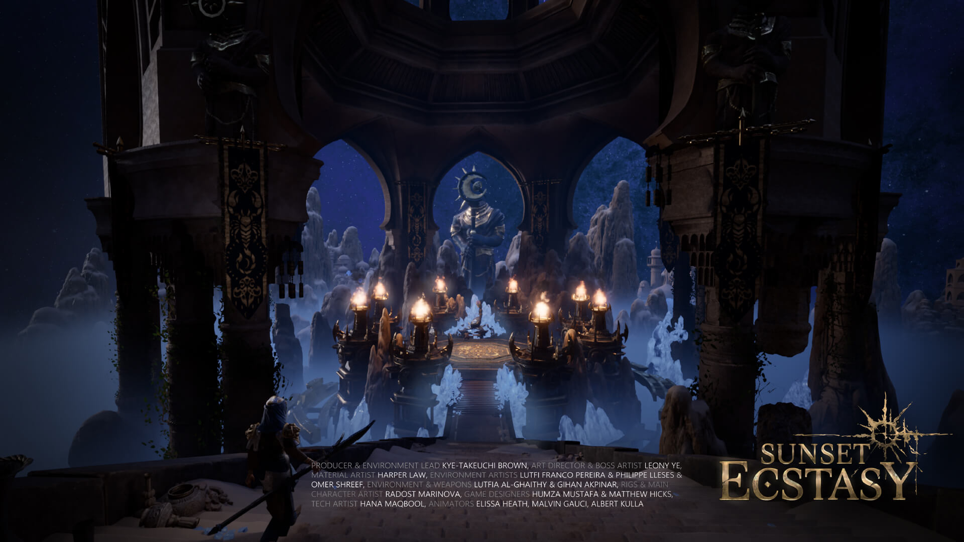 A mystical temple scene with glowing lanterns, a large crescent moon statue, and mountainous landscape; text reads "Sunset Ecstasy."