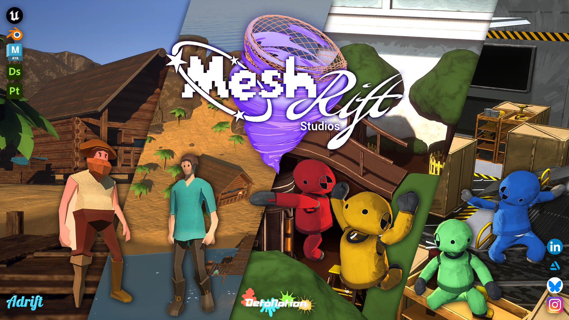 Collage of animated characters with game themes: a cabin, island, and toys. "MeshLift Studios" logo is central with social media icons.