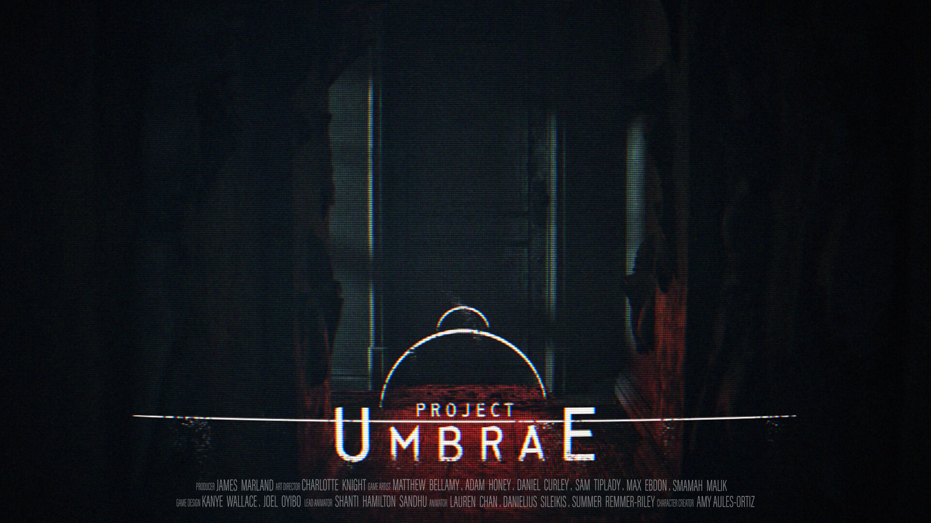 Dark, unsettling hallway with the title "Project Umbrae" overlaid. Shadows and indistinct figures create a mysterious atmosphere.