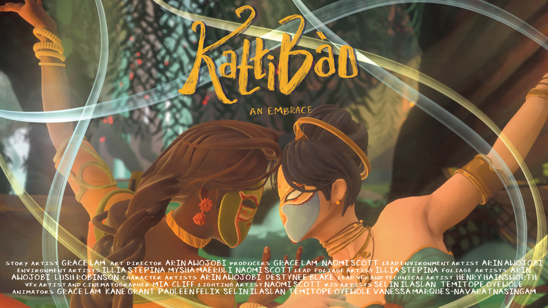 Two masked figures in an intimate embrace, surrounded by swirling light trails. The text "Kattibao: An Embrace" appears at the top.