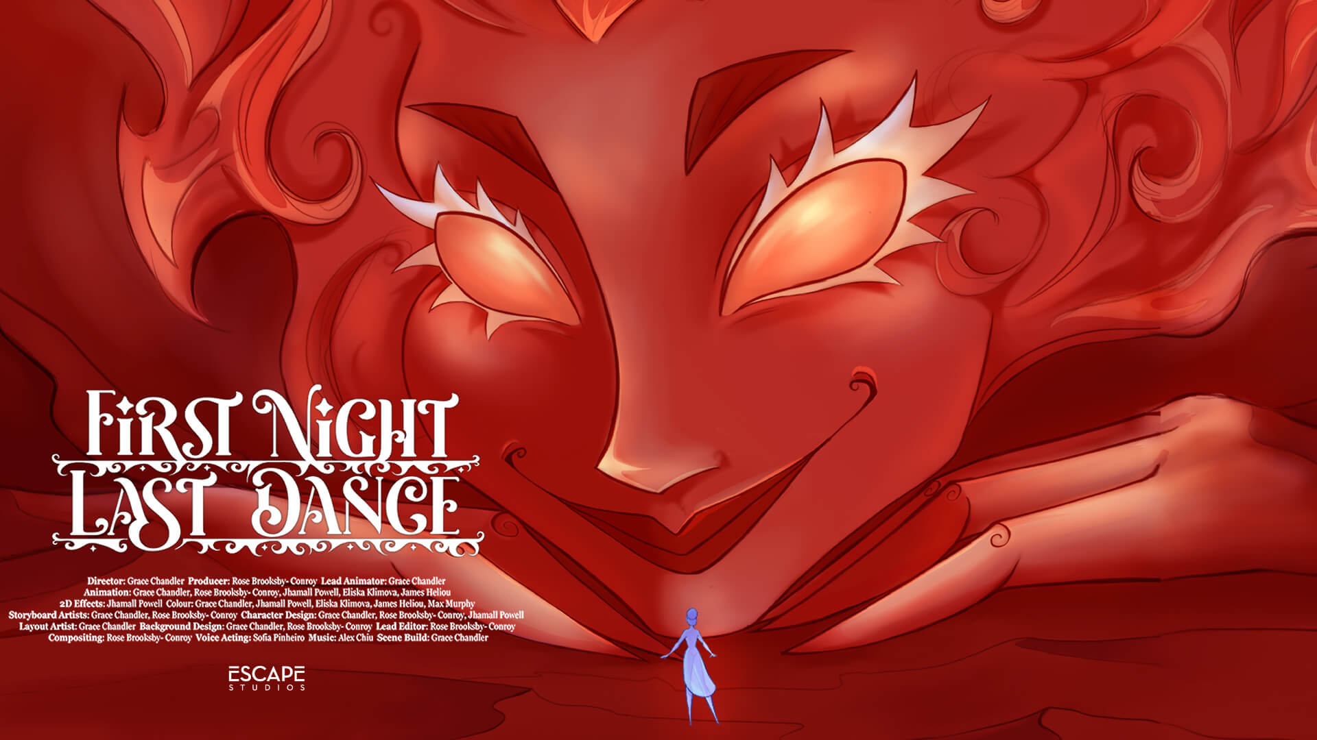 Animated scene with a large red face smiling at a small blue figure. Text reads "First Night Last Dance."
