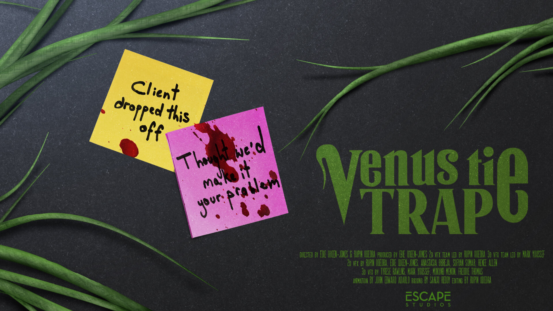 Sticky notes with blood stains read “Client dropped this off” and “Thought we’d make it your problem” next to "Venus Lie Trap" title.