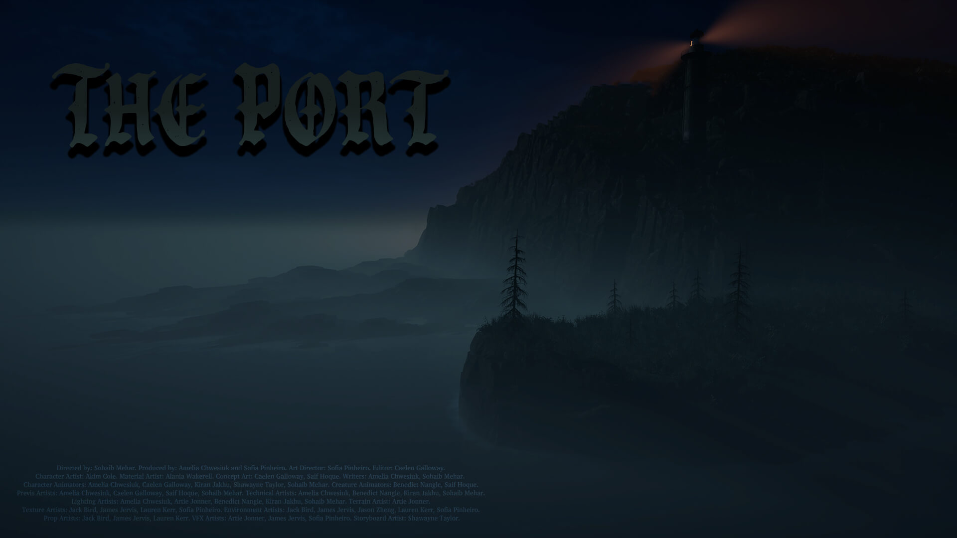 Dark landscape with mist-covered hills and a lighthouse beam, titled "The Port" in gothic font.